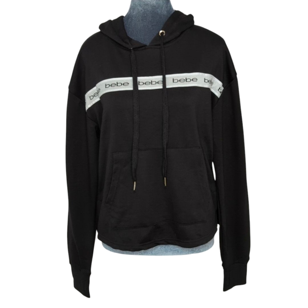 bebe Sport Black Logo Hooded Pullover Sweatshirt Hoodie Size Small